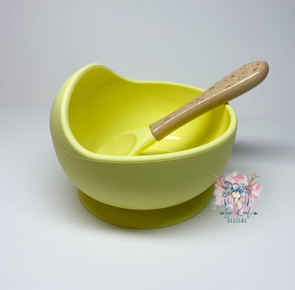 Suction base silicone bowl and matching wooden handle spoon set