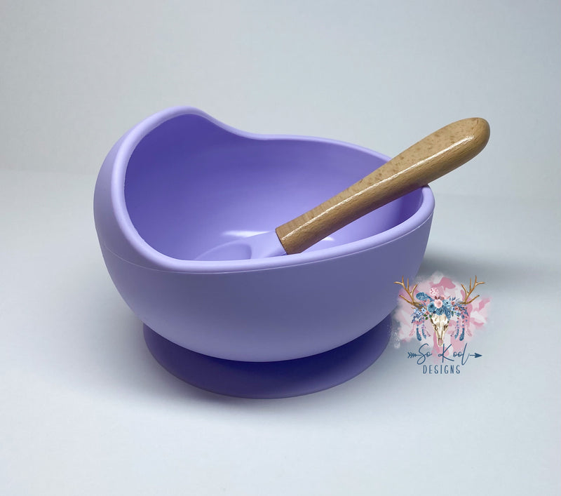 Suction base silicone bowl and matching wooden handle spoon set